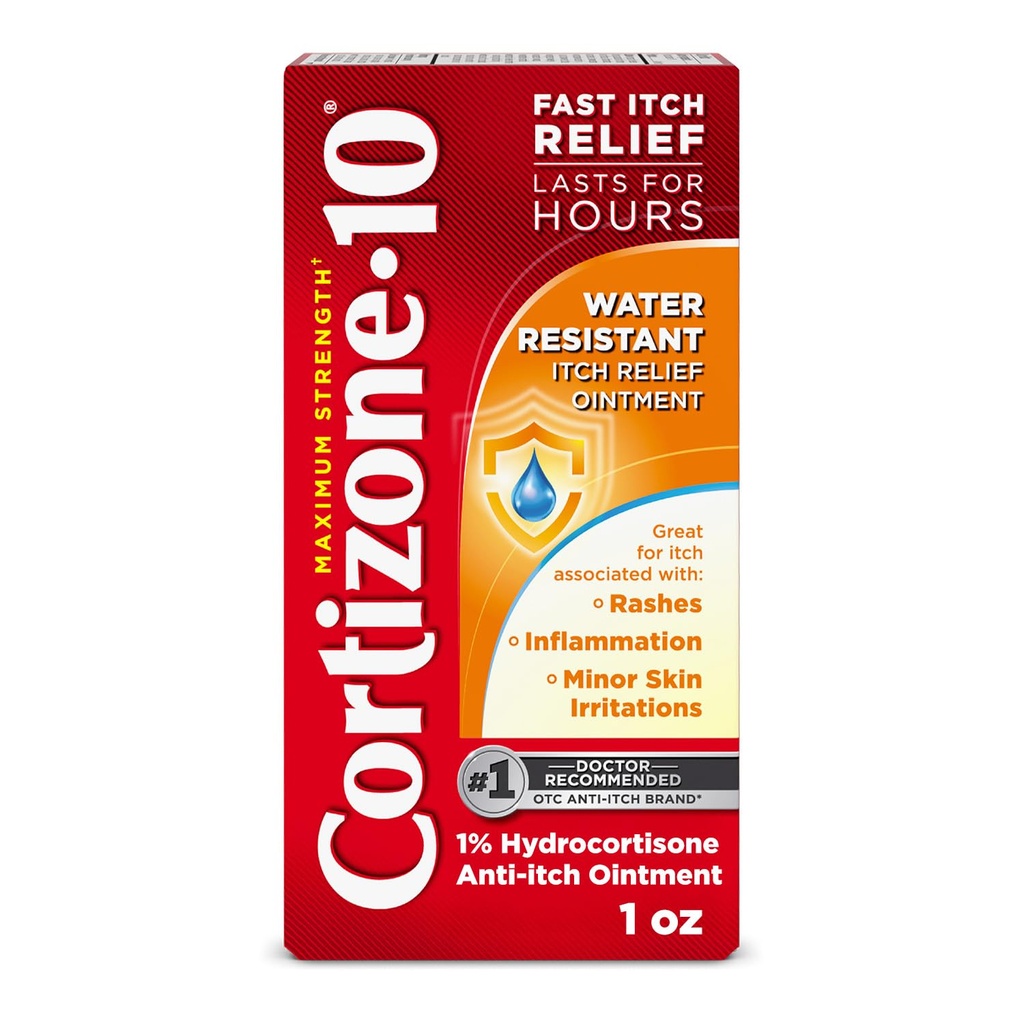 Cortizone-10 Maximum Strength Water Resistant Itch Relief Ointment, 1% Hydrocortisone, Fast-Acting, Anti-Itch Cream for Bug Bites, Rash, Eczema, Psoriasis, Poison Ivy, Oak, Sumac & More, 1 oz