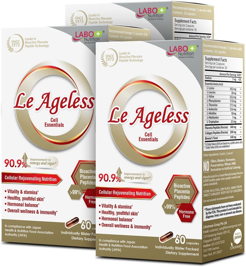 LABO Nutrition Le Ageless – Placenta Cell Rejuvenating Therapy from Japan – Enhanced with Collagen Peptide and Brewer’s Yeast to Supports Immune Health, Skin Regeneration, Anti-Aging – 60 CapsulesX3