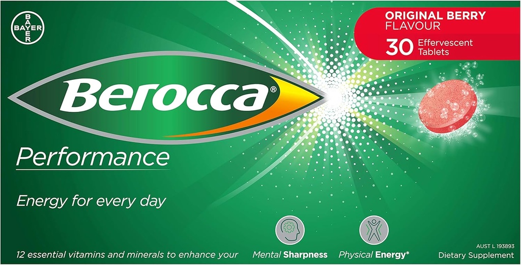 Berocca Performance 30 Effervescent Tablets- Original Berry Flavor International Version Caffeine Free