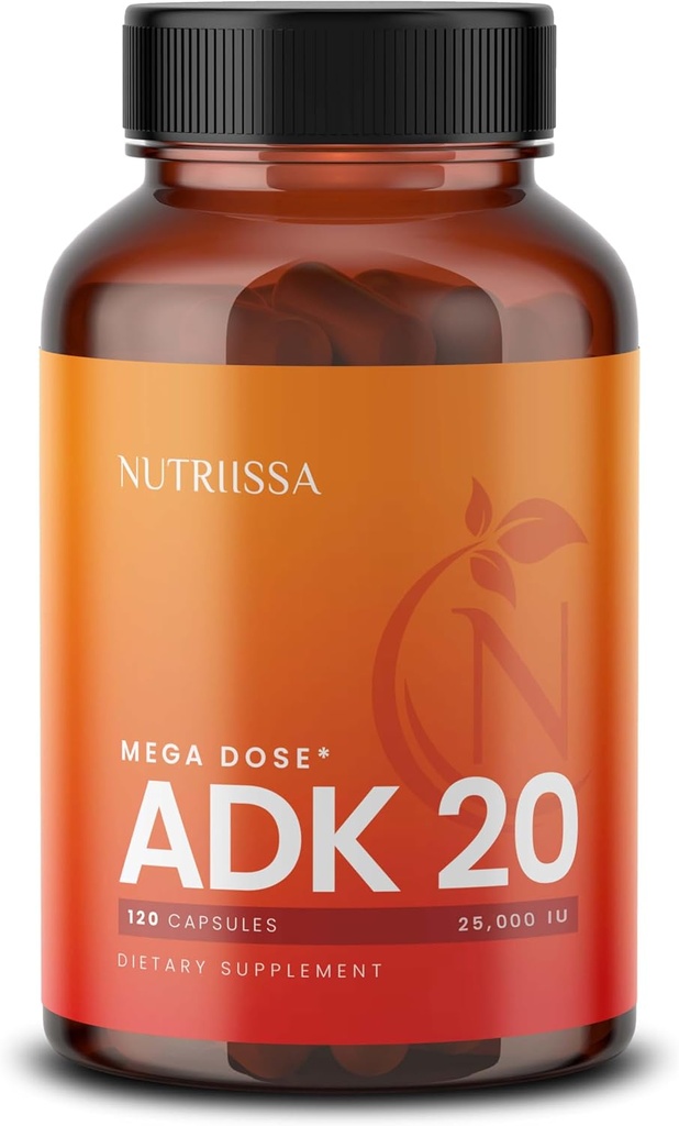 Nutriissa ADK 20 - Immune & Bone Health Support with Vitamins A, D & K (25,000 IU) - 4-Month Supply - EPEB Certified for Purity & Potency - 120 Vegan Capsules