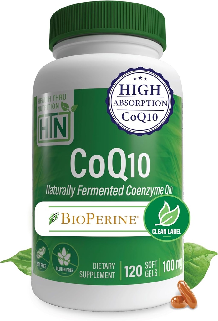 Health Thru Nutrition CoQ-10 100mg with BioPerine 120 Softgels | High Absorption Naturally Fermented USP Grade Coenzyme Q10 Supplement | 3rd Party Tested | Heart Health and Energy Support