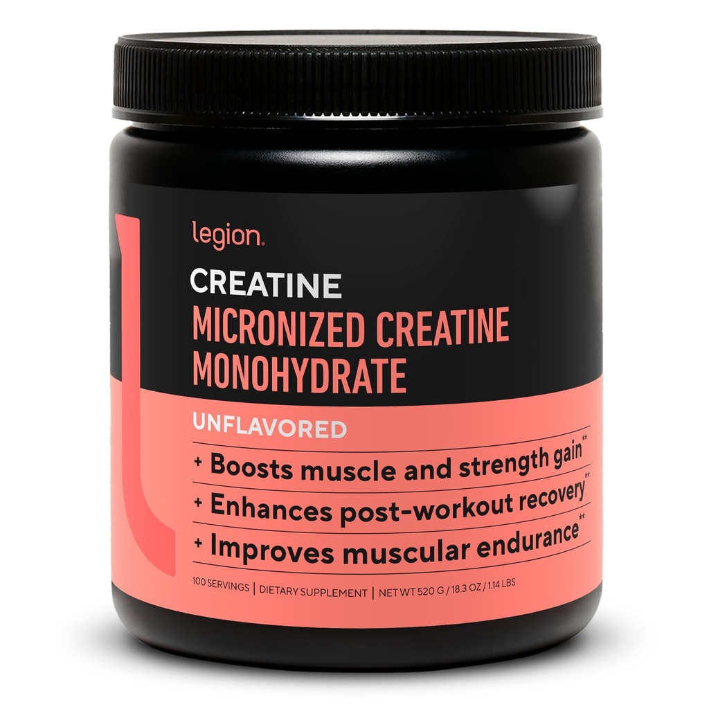 LEGION Micronized Creatine Monohydrate Supplement - Clean Creatine Powder for Muscle Gain & Post Workout Recovery - Micronized Creatine Supplement for Maximum Absorption (100 Servings, Unflavored)