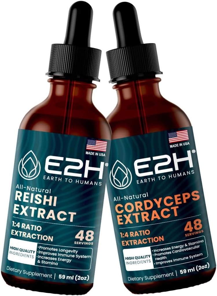 E2H: Reishi & Cordyceps Extracts - Energy, Longevity, Energy, Stamina & Immune Support - Non-GMO, Vegan - 2 Fl Oz Each (4 Fl Oz Total) - Bundle