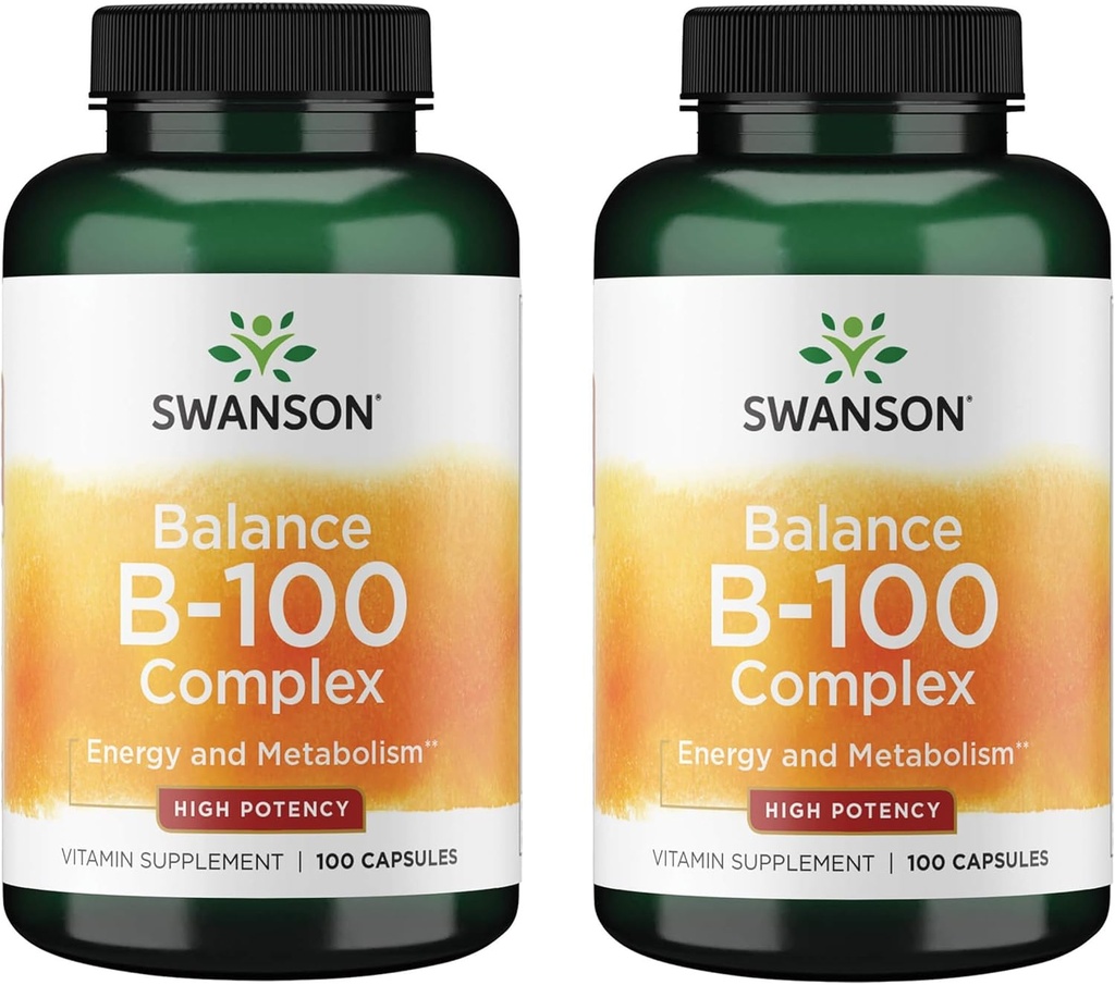 Swanson Vitamin B-100 - Vitamin Supplement Promoting Energy & Metabolism Support - High Potency Formula Supporting Heart Health, Brain Health & Nervous Function - (100 Capsules) (2 Pack)