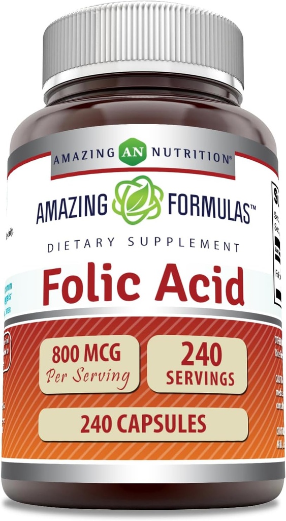 Amazing Formulas Folic Acid (Vitamin B9) 800 Mcg Supplement | Capsules | Non-GMO | Gluten-Free | Made in USA (1 Pack | 240 Count)