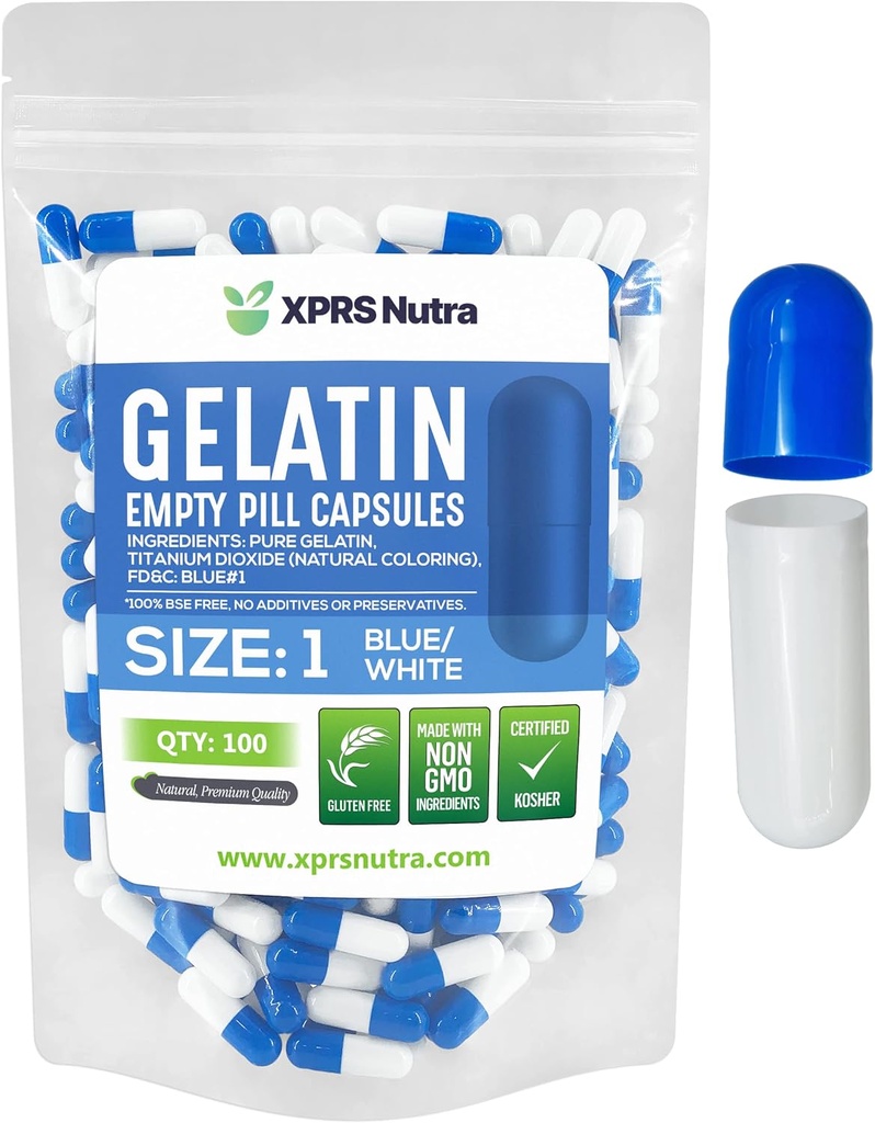XPRS Nutra Size 1 Empty Capsules - 100 Count Empty Gelatin Capsules - Pill DIY Capsule Filling - Pure Bovine Pill Gel Caps for Do-It-Yourself Supplements (Blue/White)