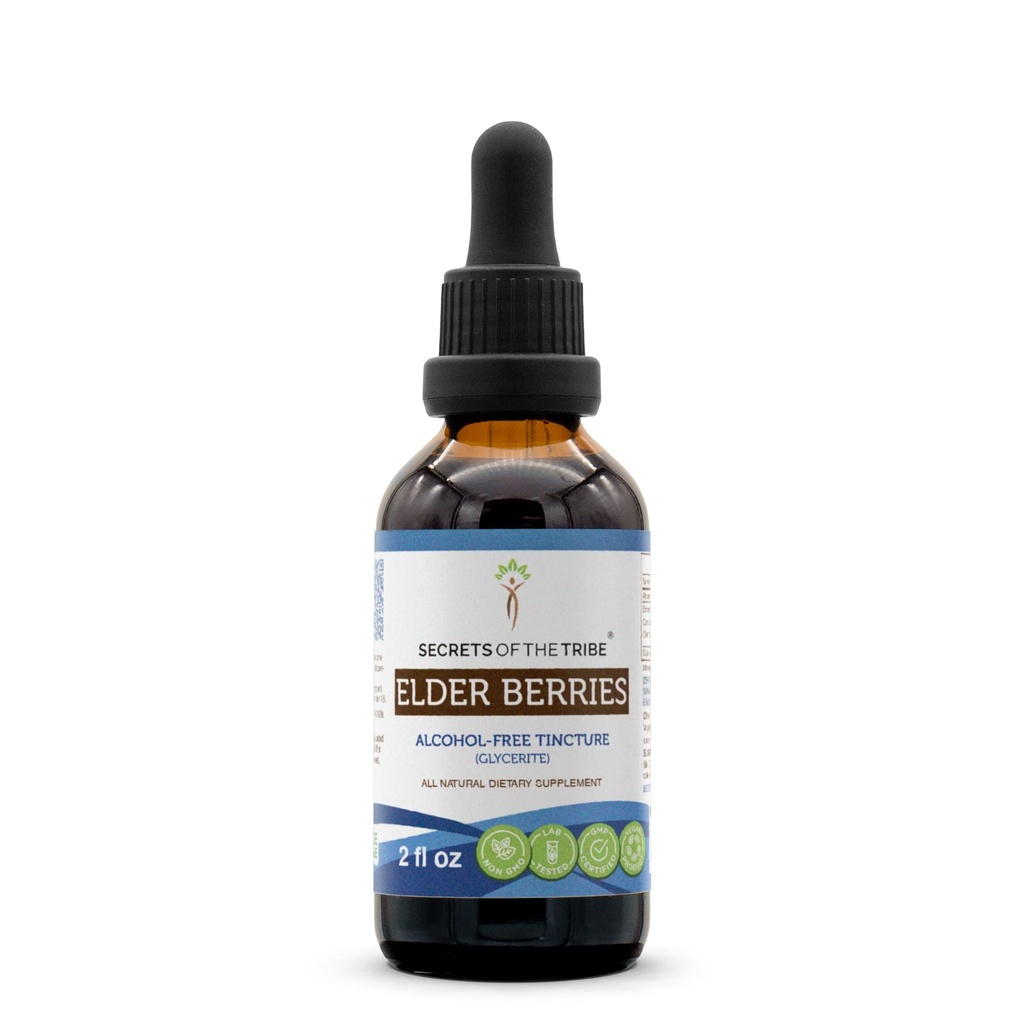 Secrets of the Tribe Elder Berries Alcohol-Free Tincture (Glycerite) 678 mg Elder Berries (Sambucus Nigra) Dried Berry (2 Fl Oz) Immune Support Supplement
