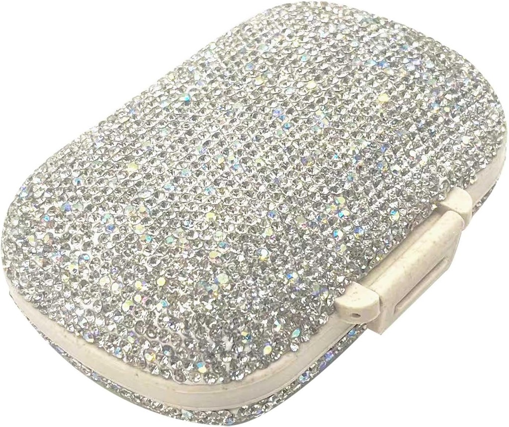 Bling Diamond Pill Organizer with 8 Compartments,Daily Travel Portable Pill Case Double Sided Rhinestone Pill Box for Vitamin/Cod Liver Oil Medicine Kit (Silver)