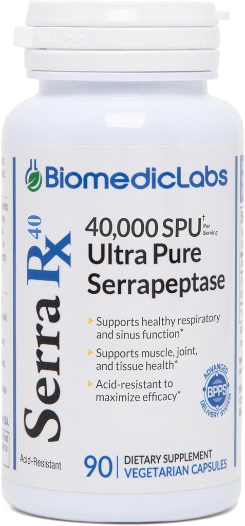 Serra-RX 40,000 SPU Serrapeptase - Acid-Resistant Proteolytic Systemic Enzyme, Non-GMO, Gluten Free, Vegan, 90 Veg Capsules