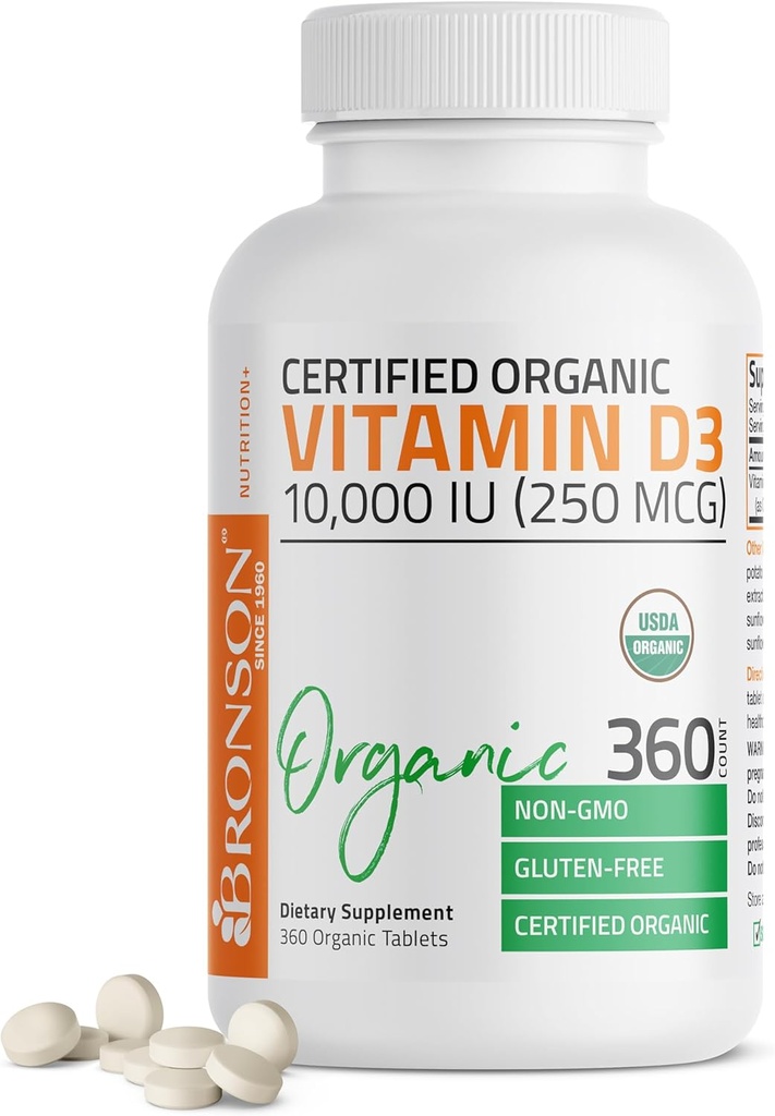 Bronson Vitamin D3 10,000 IU (250 mcg) Certified Organic High Potency Non-GMO Vitamin D Supplement, 360 Tablets