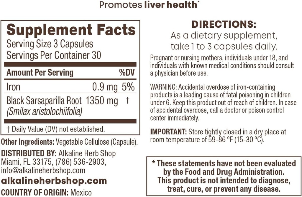 Alkaline Herb Store Black Sarsaparilla Supplement 90 Capsules