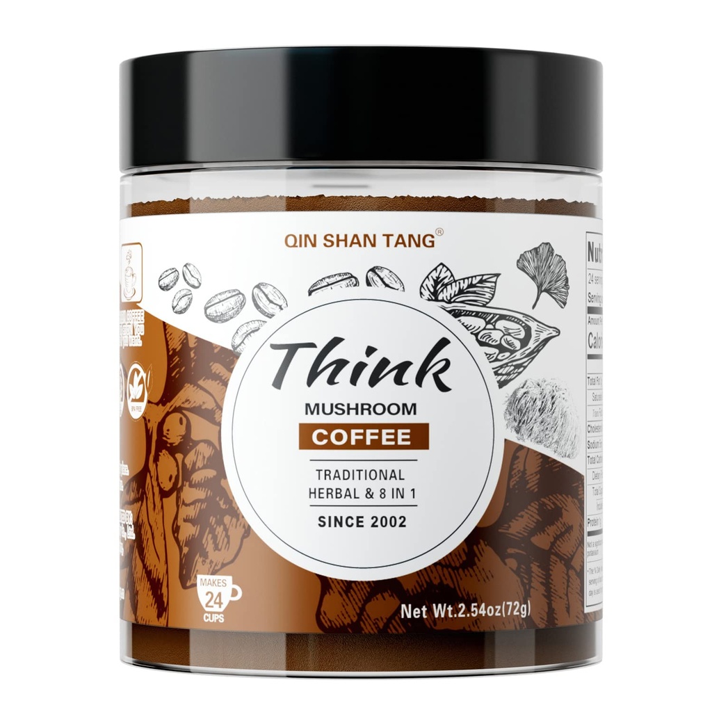 QIN SHAN TANG Mushroom Coffee for Brain and Focus, Traditional Formula, with Lion's Mane, Ginkgo, Alpha-GPC, Bacopa, PS, L-Theanine, 24 Servings