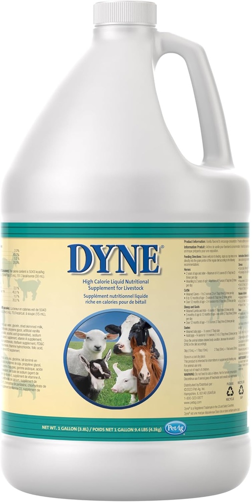 PetAg Dyne High Calorie Liquid Nutritional Supplement for Livestock - 1 Gallon - Includes Added Vitamins - Excellent for Underweight, Stressed, or Recovering Animals