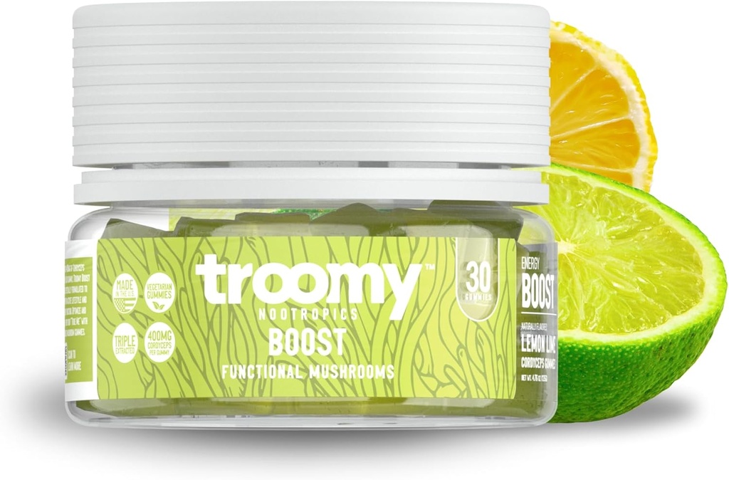 Troomy Boost Cordyceps All Natural Mushroom Gummies - Supports Active Lifestyle & Hyper Focus - Lemon Lime - 30 Count