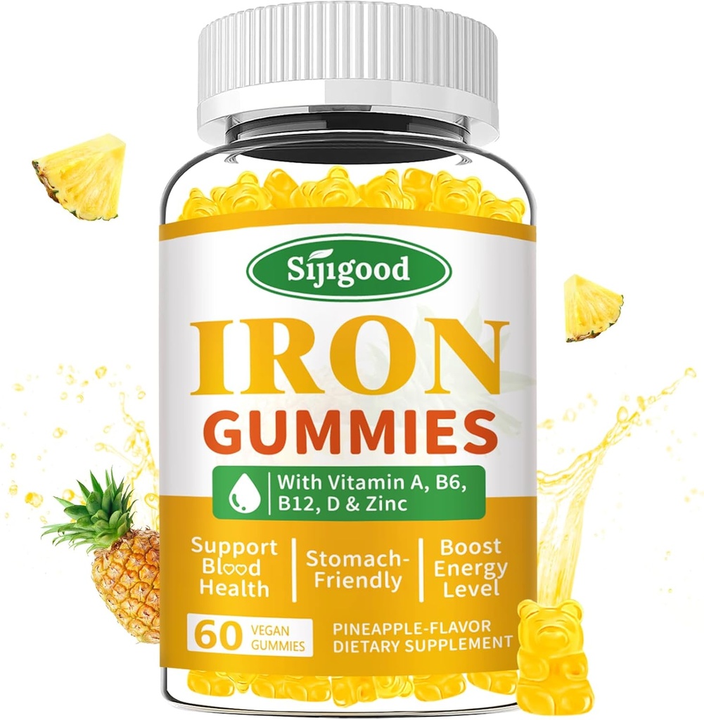 Iron Gummies for Women & Men - Vegan Iron Supplement for Anemia & Iron Deficiency, with Vitamin B12, Vitamin C, Zinc, Folate - Energy Boost, Sugar-Free, Pineapple Flavor, 60 Count