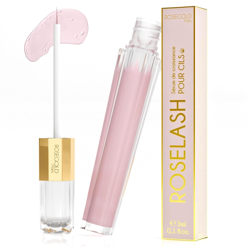 ROSEGOLD ROSELASH Growth Serum for Fuller, Longer, Thicker Lashes - 95% Natural Made in France - Hormone-Free, Fragrance-Free - Vegan