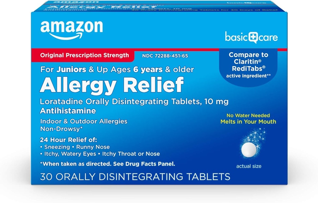   Basic Care 24-Hour Children Allergy Medicine, Loratadine Orally Disintegrating Tablets, 10 mg, Antihistamine, Ages 6+, 30 Count