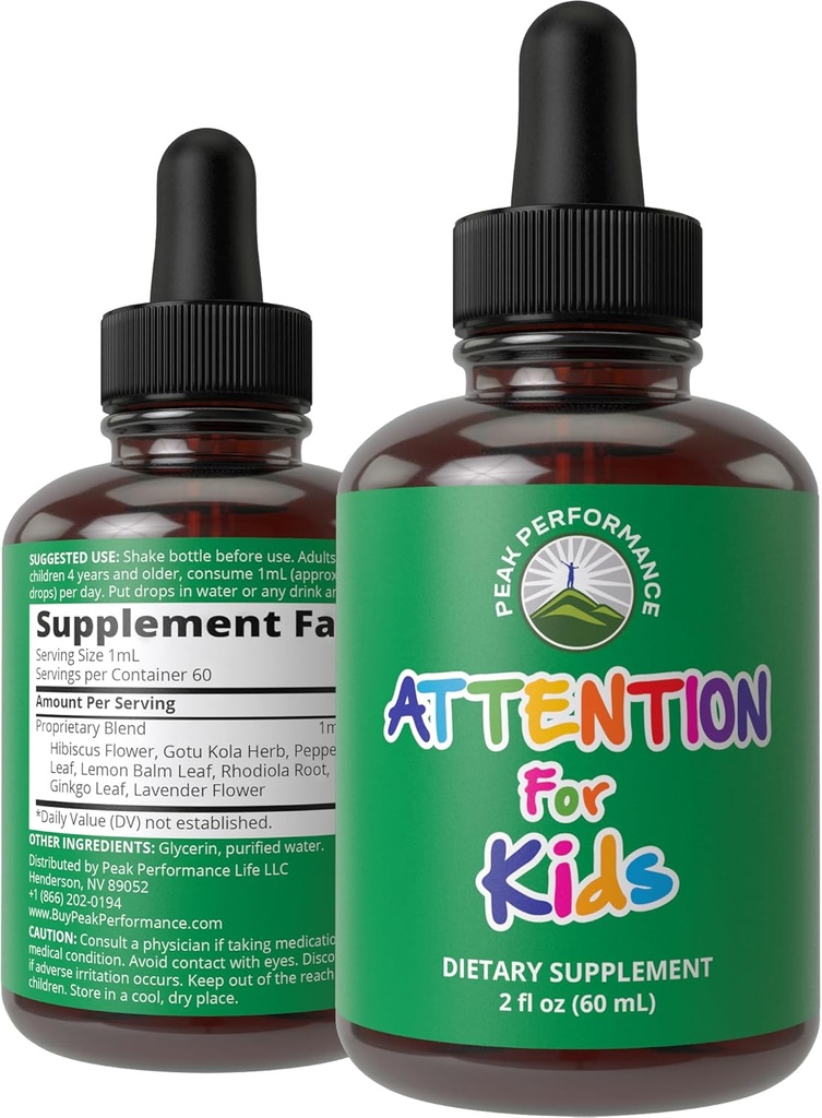 Kids Focus Drops. Attention Deficit Liquid Supplement for Concentration, Attention, Brain, Memory. No Bitter Taste. Natural Non-Habit Forming Sugar Free 7-in-1 Vegan Nootropic for Children, Teenagers
