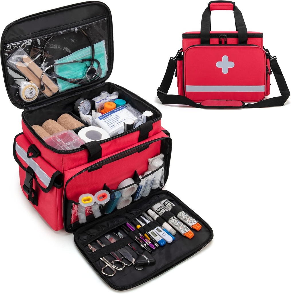 CURMIO First Aid Kits Bag Empty, Emergency Supplies Bag Medical Bag for Home Health Care and Trauma Kits, Red (Empty Bag Only)
