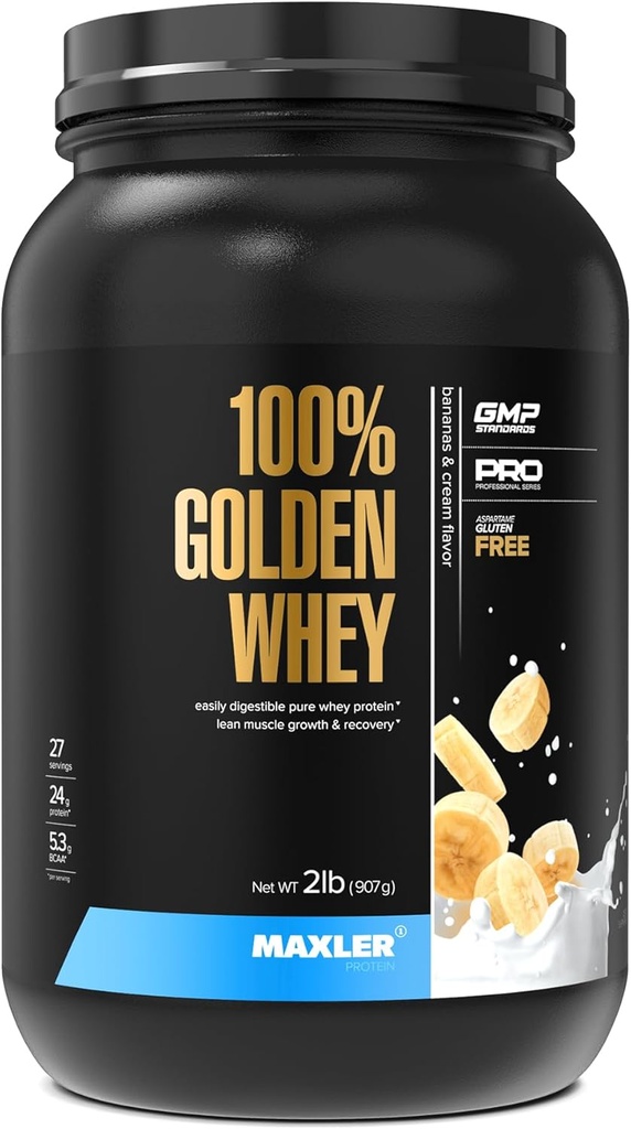 Maxler 100% Golden Whey Protein - 24g of Protein per Serving - Premium Whey Protein Powder for Pre Post Workout - Fast-Absorbing Whey Concentrate, Isolate & Hydrolysate Blend - Bananas & Cream 2 lb