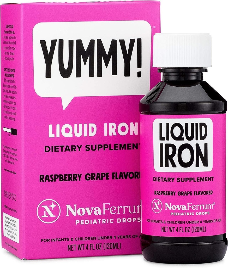 NovaFerrum Yummy | Pediatric Drops Liquid Iron Supplement for Infants and Toddlers | Liquid Iron for Kids | 15mg of Iron Per 1mL Dose | Ages 4 & Under | Gluten Free Certified | Sugar-Free | Raspberry