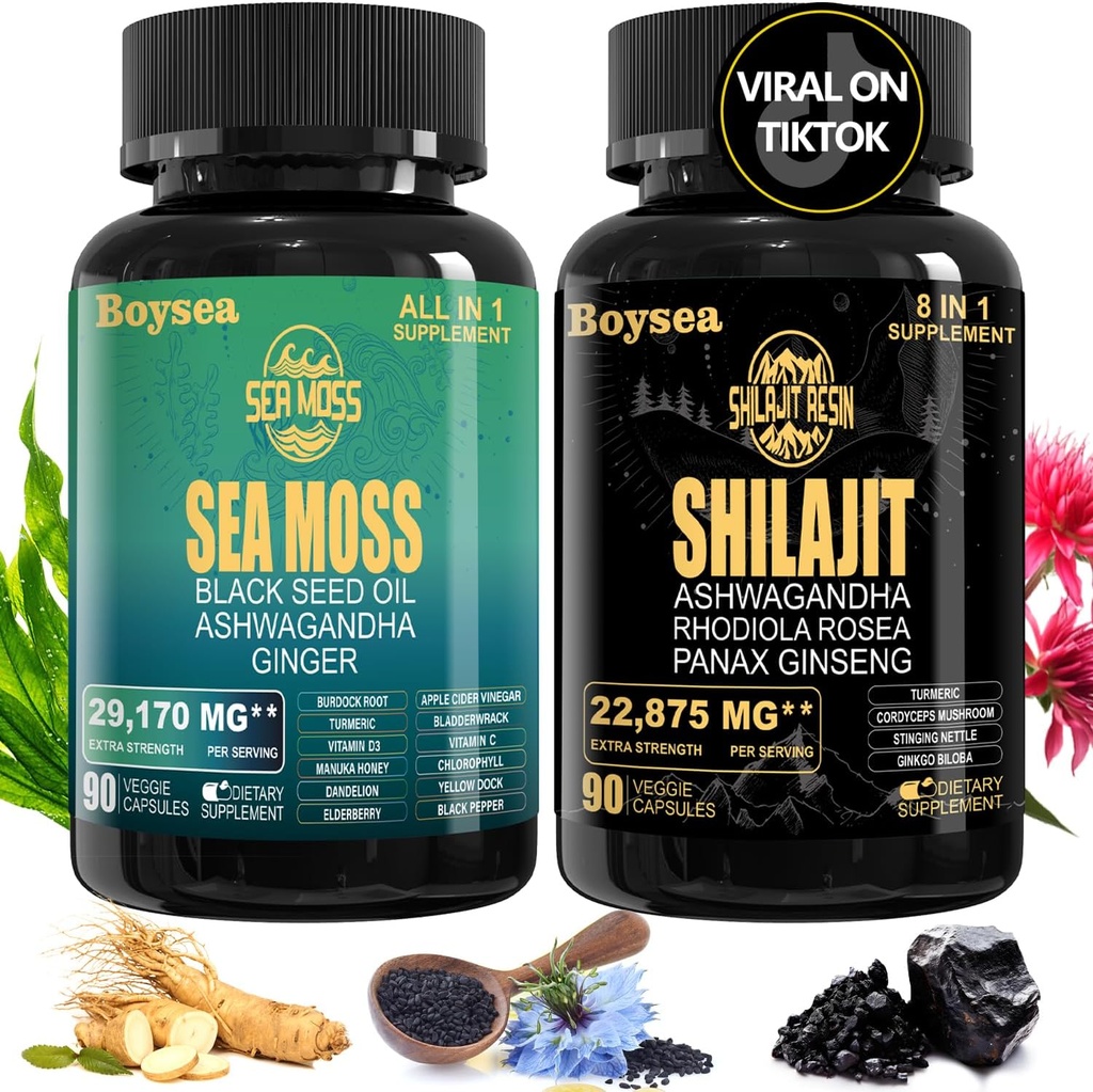 Geloo Superfood Supplement Bundle - 90 Count Sea Moss Capsules (Sea Moss, Black Seed Oil) & 90 Count Pure Shilajit Capsules (Shilajit, Ashwagandha) -1 Pack