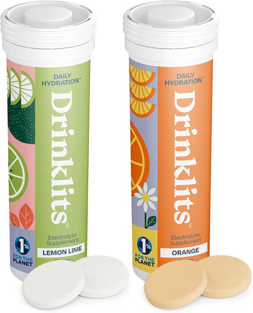 Drinklits Lemon-Lime & Orange Electrolyte Tablets (2) Tube Bundle | Citrus Daily Hydration Combo Pack | Delicious Natural Flavors – 0g Sugar – Daily Use | 20 Servings - 10 Tablets Per Tube