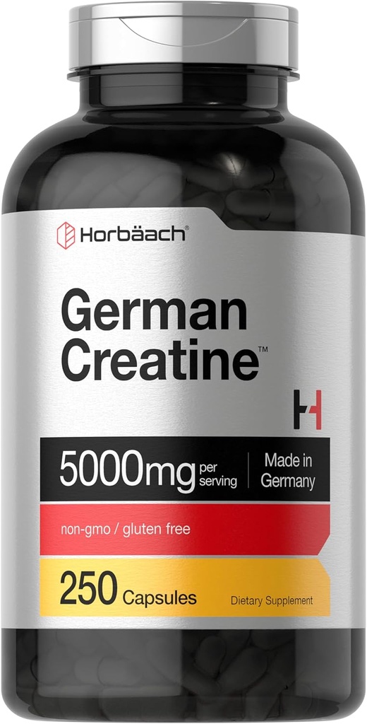 Horbaach German Creatine Monohydrate | 5000mg | 250 Powder Capsules | Non-GMO & Gluten Free Supplement