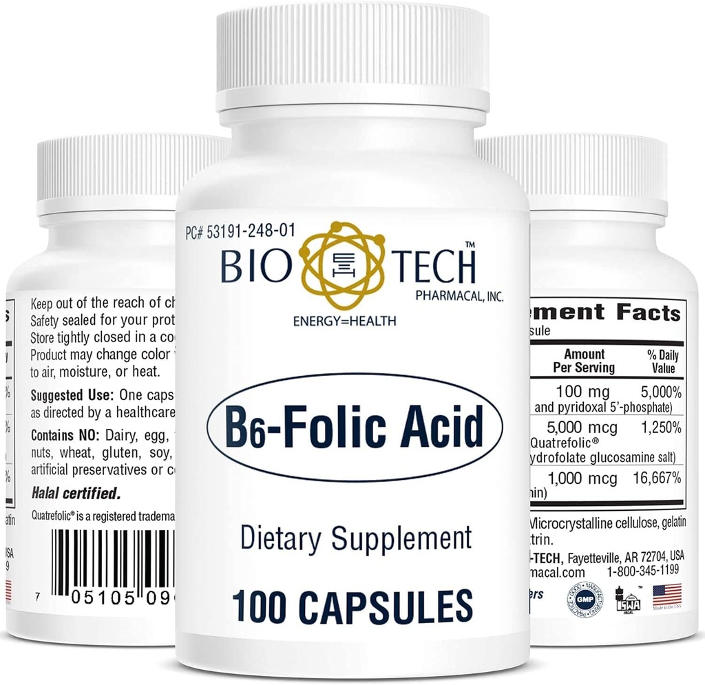 Bio-Tech Pharmacal B6-Folic Acid, 100 Capsules – All-Natural Supplement – Supports Cardiovascular, Bone, & Nervous System Health – No Dairy, Fish, Gluten, Peanut, Shellfish, Halal, & Soy – No