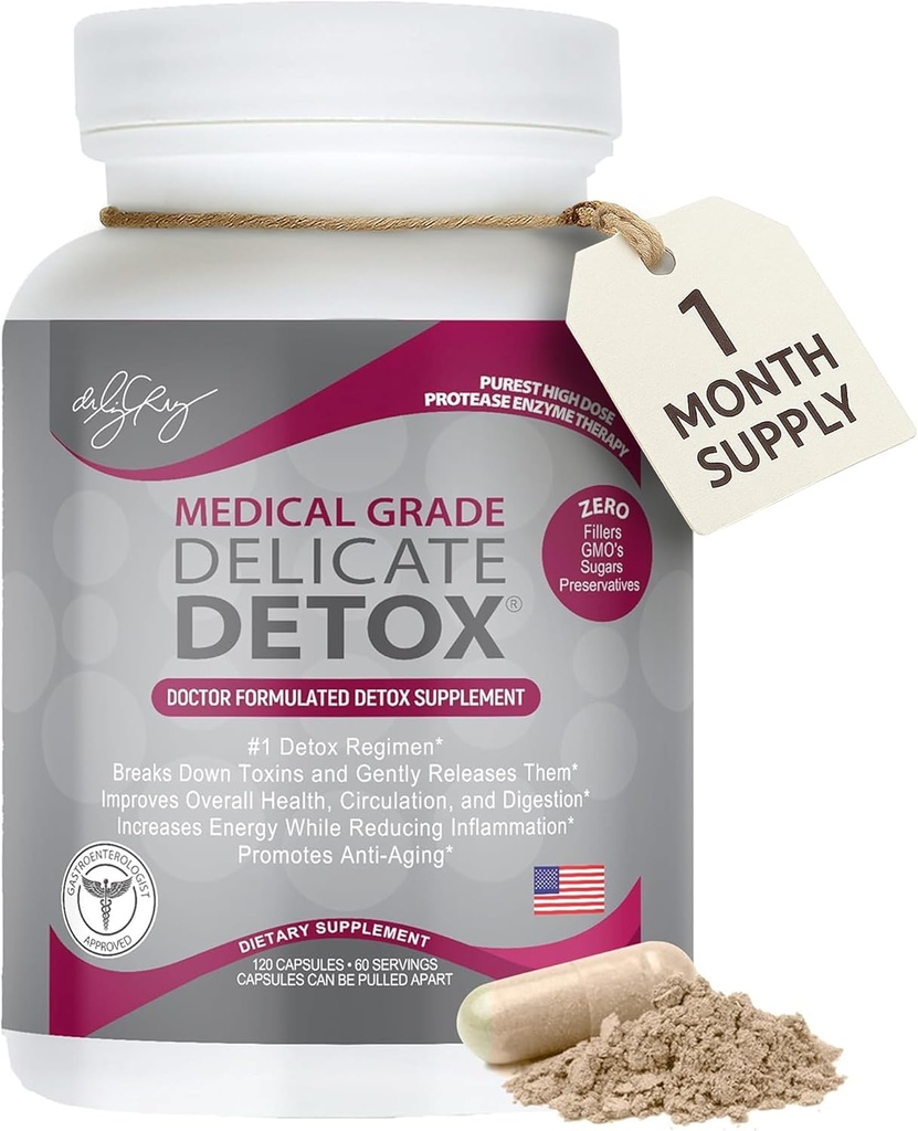 Dr. Liz Cruz Delicate Detox - Enzymes Supplement, Dietary Supplements, Medical-Grade Protease Enzymes, Daily Essential Enzymes for Detox, Non-GMO, 120 Veggie Capsules