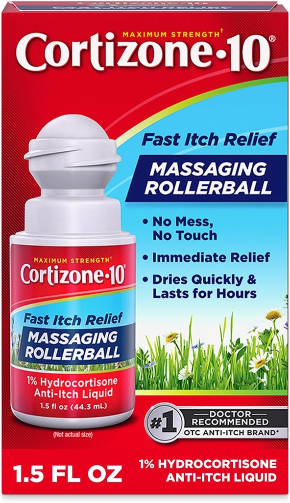 Cortizone-10 Maximum Strength Itch Relief Massaging Rollerball, 1% Hydrocortisone, Fast-Acting, Anti-Itch Liquid for Bug Bites, Rash, Eczema, Psoriasis, Poison Ivy, Oak, Sumac, 1.5 fl. oz