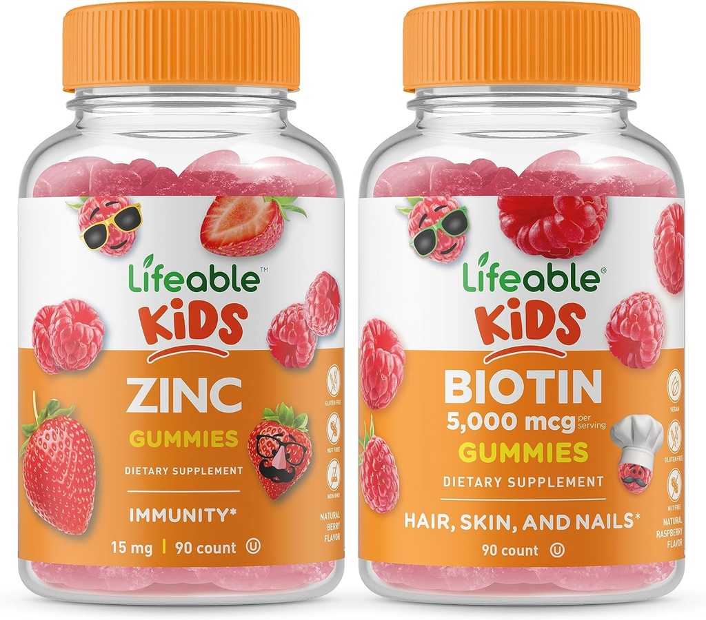 Lifeable Zinc Kids + Biotin Kids, Gummies Bundle - Great Tasting, Vitamin Supplement, Gluten Free, GMO Free, Chewable Gummy