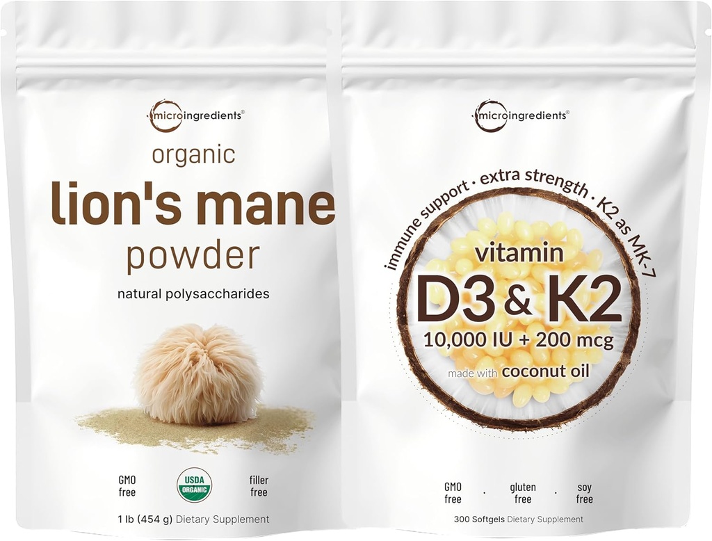 Micro Ingredients Vitamin D3 10,000iu + K2 200mcg Coconut Oil Softgels & Lions Mane Mushroom Supplement Powder Bundle 2 Pack | Essential Sunshine Vitamins | Natural Superfood for Brain, Energy, & Immu