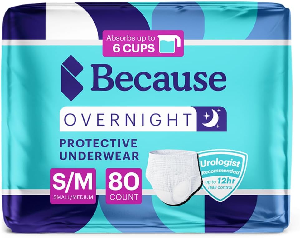 Because Overnight Absorbency Pull Ups - Adult Disposable Incontinence Underwear, Extra Absorbent Nighttime Briefs for Men and Women, White, Small/Medium, 80 Count (4 Packs of 20)
