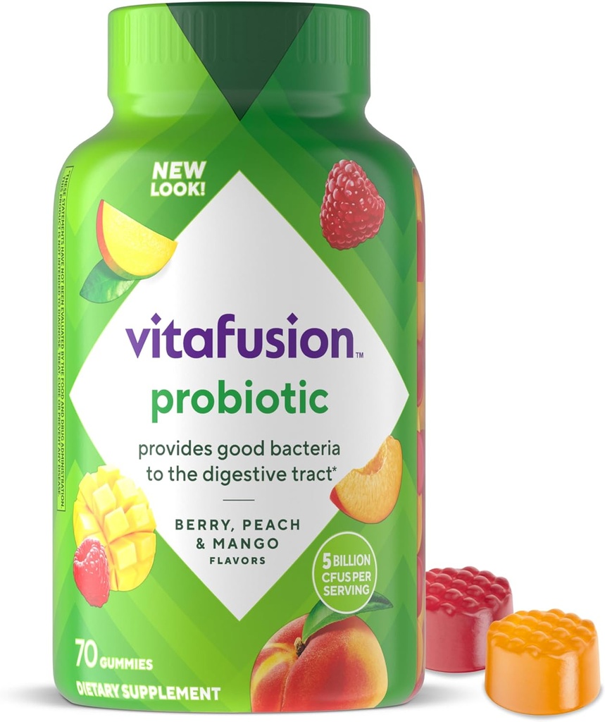 vitafusion Probiotic Gummy Supplements, Raspberry, Peach and Mango Flavors, Probiotic Nutritional Supplements With 5 Billion CFUs, 35 Day Supply, 70 Count