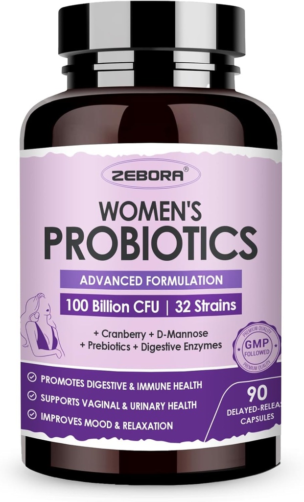 ZEBORA Probiotics for Women Digestive Health with Enzymes & Prebiotics 100 Billion CFUs| Vaginal Probiotics with D Mannose & Cranberry | Urinary Tract Health | Immune Support, 90 Capsules