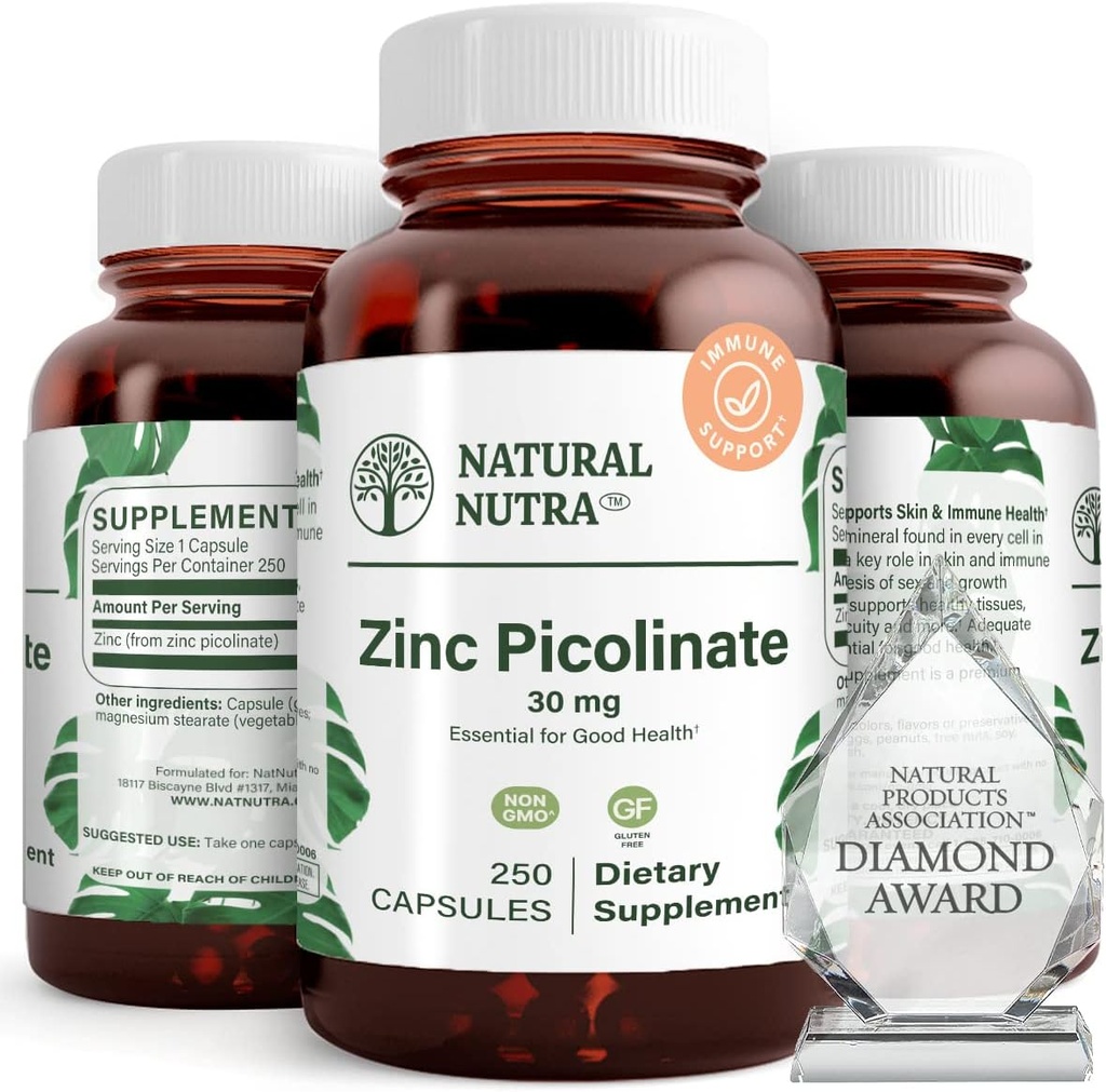 Natural Nutra Zinc Picolinate 30 mg, Double Strength, Raw and Pure, Highly Bioavailable Supplement for Growth and Immune Support, Helps Support Metabolic System, Decrease Common Cold 250 Capsule