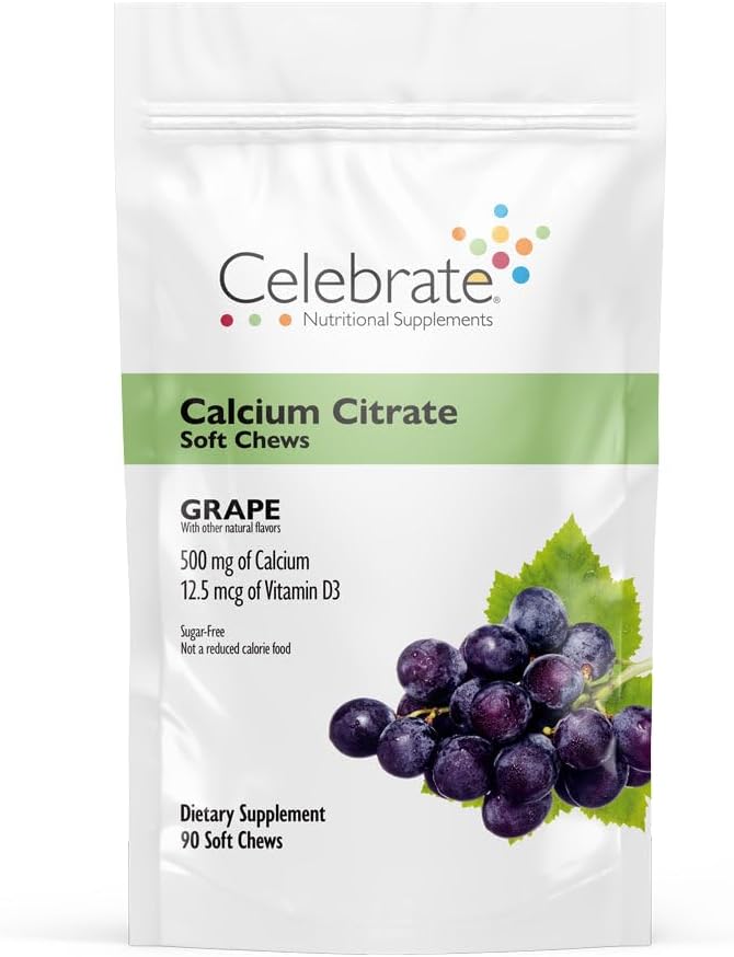 Celebrate Vitamins Bariatric 500mg Calcium Citrate Soft Chews with 500 IU Vitamin D3 – Essential for Gastric Bypass Patients & Bone Health - Sugar & Gluten Free, Grape (90 Chews)