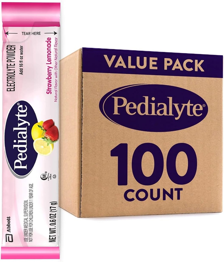 Pedialyte Electrolyte Powder Packets, Strawberry Lemonade, Hydration Drink, 100 Single-Serving Powder Packets