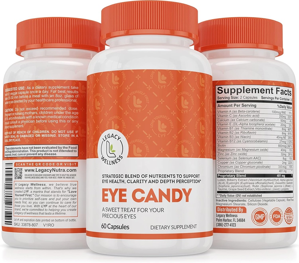 Legacy Wellness Eye Candy Eye Vitamins with Lutein, Zeaxanthin, Calcium, Biotin, Copper, Zinc Pills + Supports Vision Health in Aging Adults + Eye Strain From Too Much Screen Time, Dry Eye Supplements