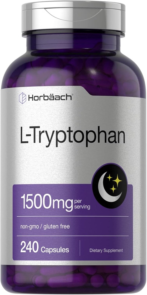 Horbäach L Tryptophan 1500mg Capsules | 240 Count | Nighttime Formula | Non-GMO, Gluten Free Supplement