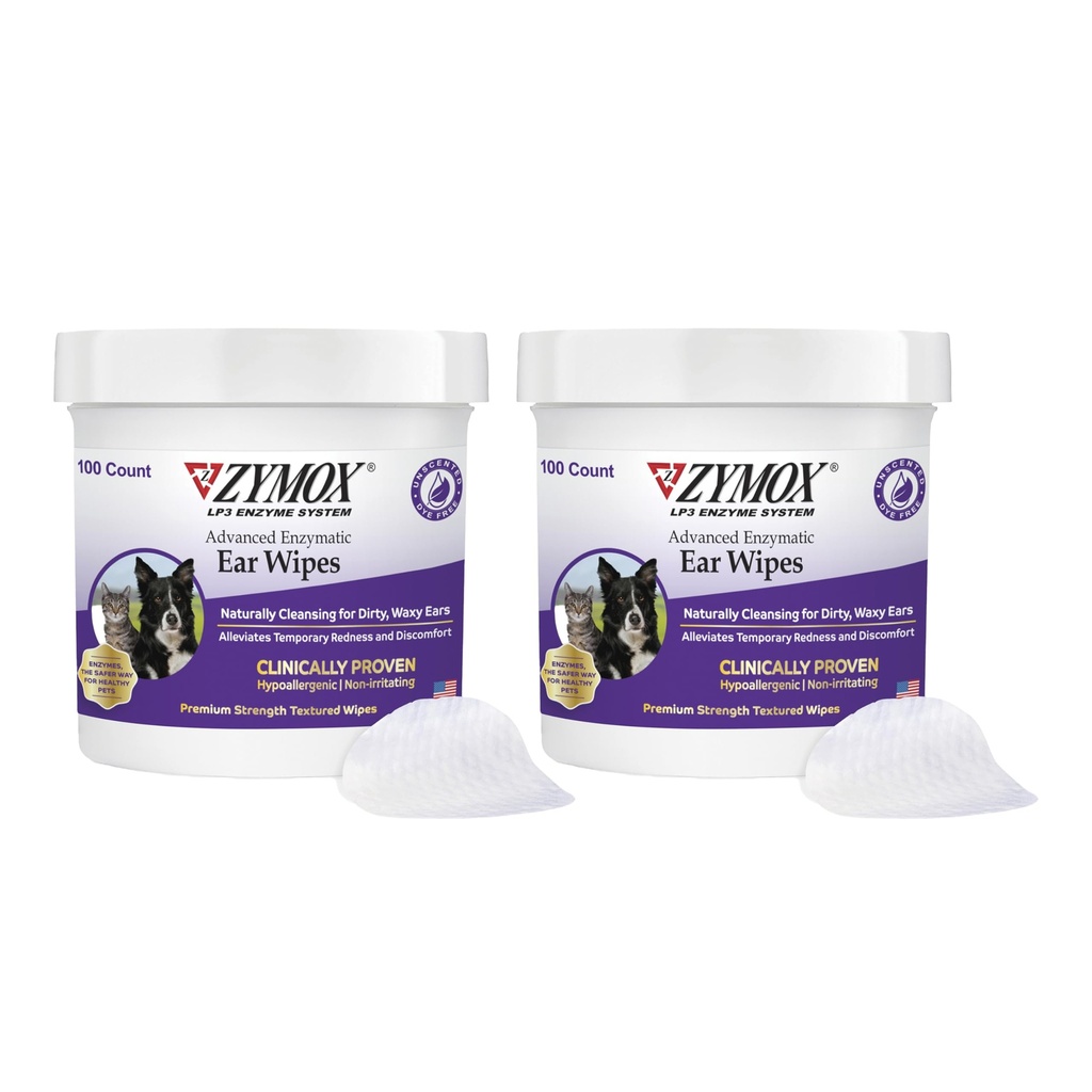 Zymox Advanced Enzymatic Ear Wipes for Dogs and Cats - for Dirty, Waxy, Smelly Ears - Premium Strength Ear Cleaner Wipes - Non-Irritating - Hypoallergenic (100 Count-Pack of 2)