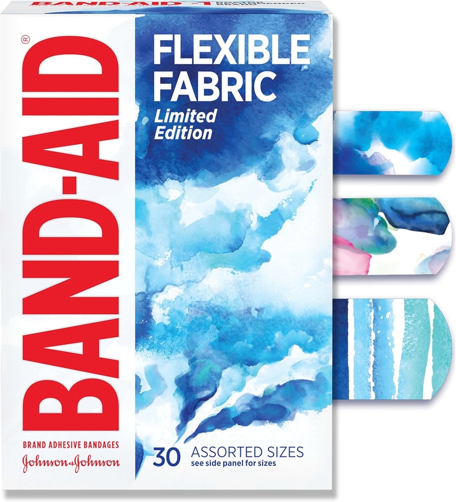 Band-Aid Brand Flexible Fabric Adhesive Bandages, Comfortable Flexible Protection & Wound Care for Minor Cuts & Scrapes, First Aid Bandage with a Water Color Design, Assorted Sizes, 30 ct