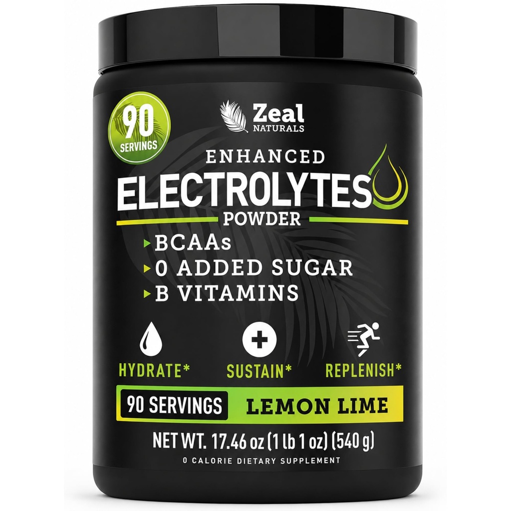 Zeal Naturals Electrolyte Powder - 90 Servings | Keto Electrolytes Powder | Zero Sugar, BCAAs, B-Vitamins | Potassium, Zinc, Magnesium | Hydration Powder Recovery Drink | Lemon Lime