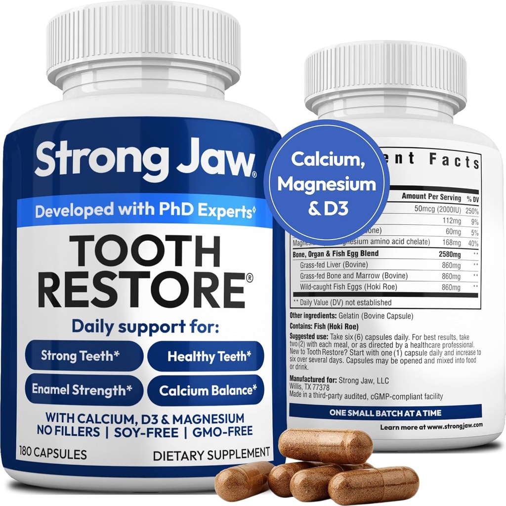 Tooth Restore for Adults with Remineralizing Gum Support 180 Capsules Made in USA - Teeth Vitamins for Strong Teeth Bone Health Supplement Calcium Vitamin D3 Hydroxyapatite Enamel Repair