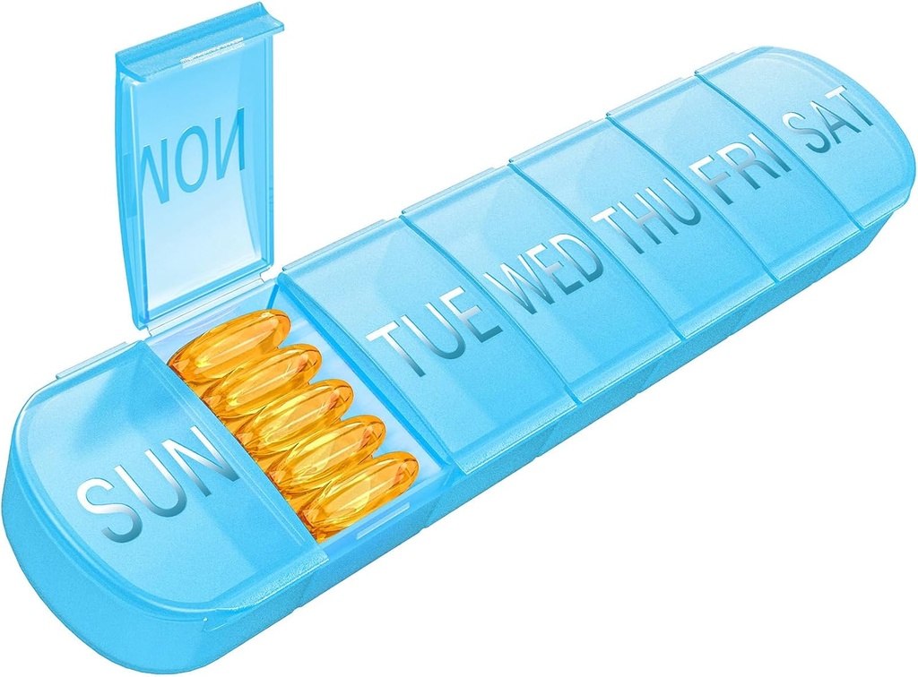 Weekly Pill Organizer 1 Time a Day, Travel Pill Box 7 Day Extra Large Compartments Vitamin Holder, Daily Pill Container 7day XL Medicine Dispenser for Fish Oil Case (Blue)