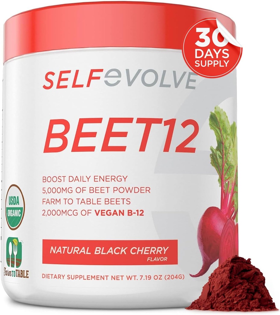 selfevolve Beet12 - Organic Beet Root Powder Enhanced with Vitamin B12, Nitric Oxide Booster, Beet Juice Powder Support Natural Energy, Beet Powder with Black Cherry Flavor, 30 Servings