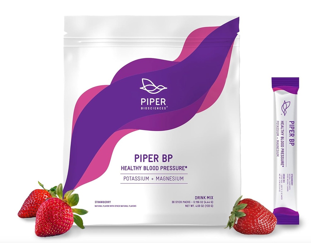 Piper Biosciences Blood Pressure Drink Mix with Potassium Citrate and Magnesium Citrate Powder (Vegan, Non-GMO): 30 Stick Packs