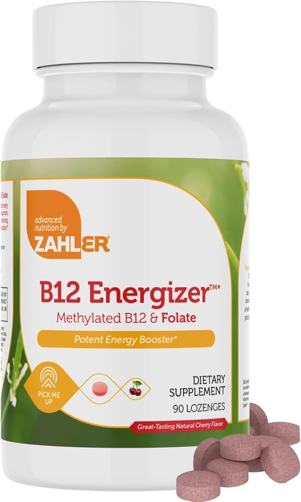 Zahler Energizer - Folate and B12 Supplement - Fast Dissolving Cherry Flavor Lozenges Dual Vitamin Methylated B12 & Folate Supplement with 1360 mcg Folic Acid + 1000 mcg Methyl Vitamin B12 (90 Count)