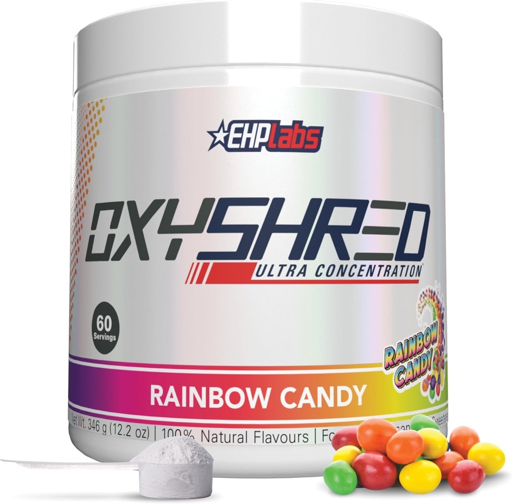 EHP Labs OxyShred Pre Workout Powder - Preworkout Powder with L Glutamine & Acetyl L Carnitine, Energy Boost Drink - Rainbow Candy, 60 Servings
